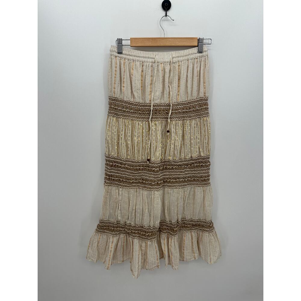 NAOO Womens Boho Maxi Skirt Size‎ L Cream Shimmer Tiered Gypsy Hippie Earthy